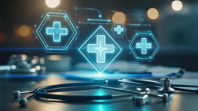 Epic slow-pan shot of glowing medical holograms hovering above professional medical tools, surrounded by soft bokeh lighting