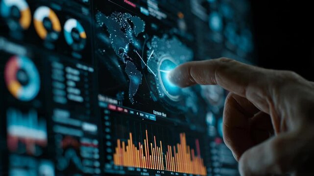 A person's finger interacts with a futuristic digital dashboard displaying global data analytics and financial charts. - Powered by Adobe