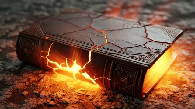 Ancient Mystical Knowledge: Old, Cracked Leather-Bound Book Glowing with Orange Light from Within, Fantasy and Magic Lore
