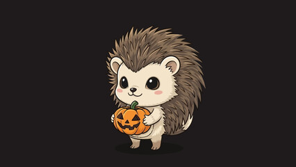 A cute, cartoon hedgehog holding a small, carved pumpkin with a jack-o'-lantern face.