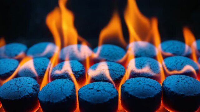 Barbecue Grill Fuel: Glowing Blue-Hot Charcoal Briquettes Covered in Ash with Yellow and Orange Flames, Outdoor Cooking