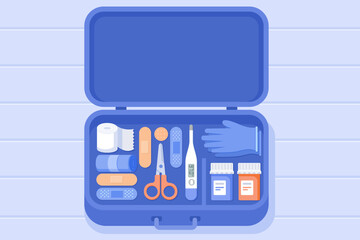 Top view of an open first-aid kit containing essential medical supplies such as bandages, gauze, scissors, a thermometer, and medicine bottles. Emergency care illustration concept.