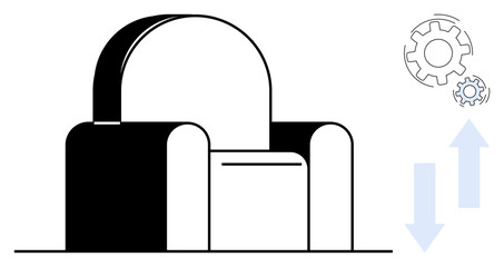 Modern armchair illustration alongside gears and upward-downward arrows, symbolizing innovation, ergonomics, progress, and efficiency. Ideal for furniture, productivity, technology, engineering