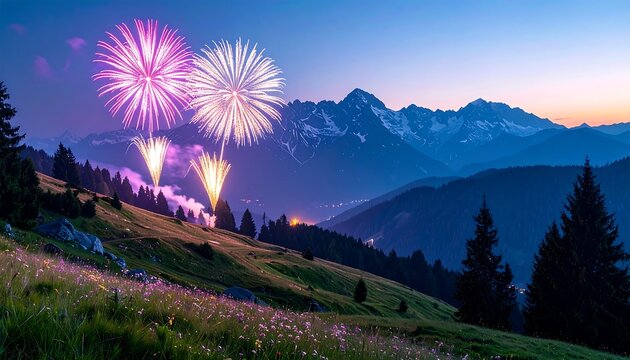 Spectacular fireworks display illuminating the night sky over mountainous terrain