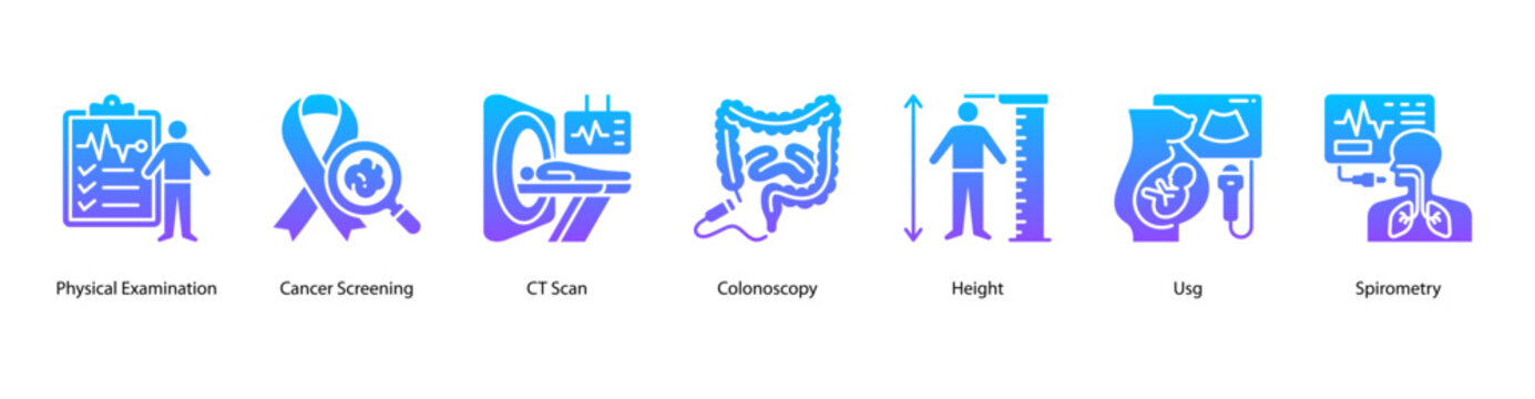 Comprehensive Health Screening web banner icon vector illustration featuring Physical Examination, Cancer Screening, CT Scan, Colonoscopy, Height, Usg, and Spirometry for complete medical evaluation.
