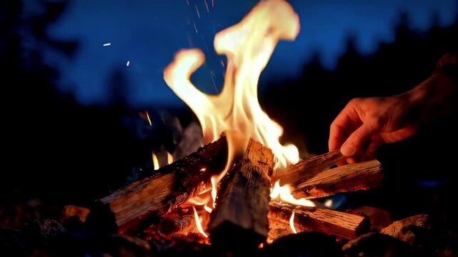 A close-up view of a warm outdoor campfire with glowing flames and hands adding wood during a calm evening.
