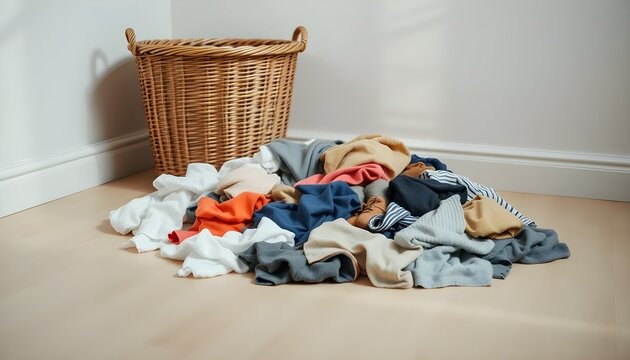 Dirty clothes are scattered on the floor next to a laundry basket indoors.