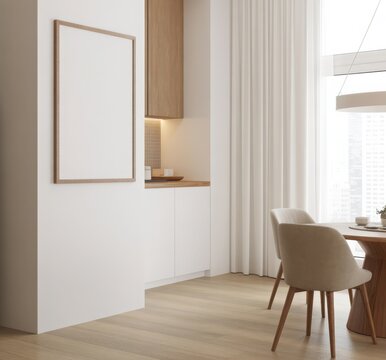 Modern dining room with empty picture frame and soft curtains