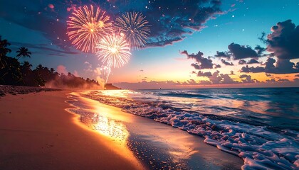 Tropical beach celebration, fireworks illuminating a serene seascape scene