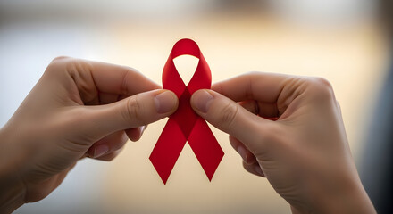Supporting AIDS Awareness a Pair of Hands Gently Holds a Red Ribbon, Symbolizing Solidarity, Hope, and Compassion for Those Affected by HIV and AIDS Worldwide
