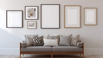 minimal living room wall with five empty frames in clean modern arrangement
