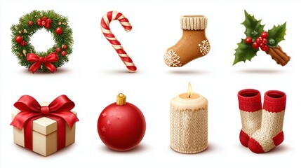 hyper realistic christmas icon set with wreath candy cane gifts and candle