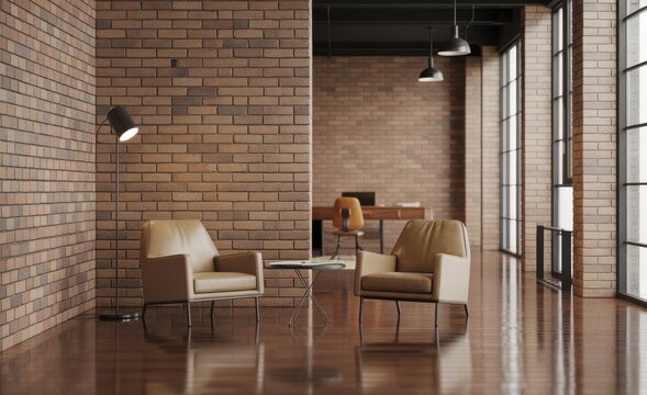 Modern industrial lounge area with exposed brick walls and comfortable armchairs