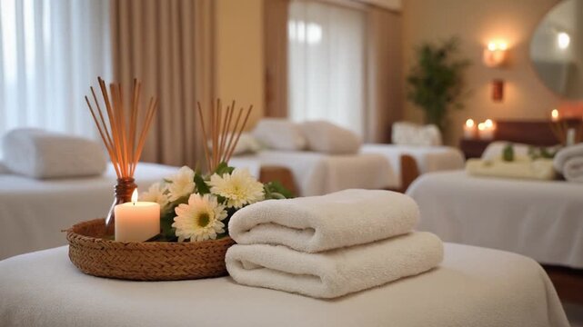 Tranquil spa setting with prepared massage beds, clean white towels, and aromatic elements for ultimate relaxation and body care