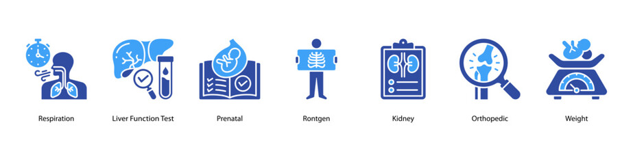 Clinical Health Monitoring web banner icon vector illustration featuring Respiration, Liver Function Test, Prenatal, Rontgen, Kidney, Orthopedic, and Weight for comprehensive body system checks.