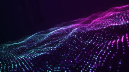 Vibrant abstract digital wave of glowing particles creating a futuristic data visualization, featuring a dynamic blue and purple gradient on a dark background - Powered by Adobe