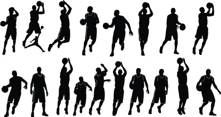Basketball player silhouettes, sports action poses, dribbling and shooting movements, athletic training illustration, competitive basketball scenes, dynamic sport figures, fitness activity icons