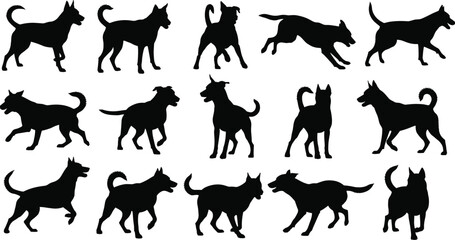 PrintSilhouette of dog vector illustration set, black pet animal collection for logo design, isolated on white background, running and walking canine poses.