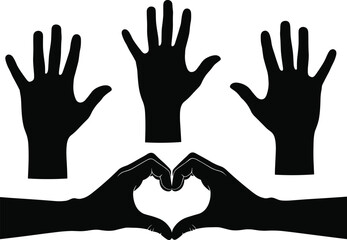 PrintSilhouette of human hands vector illustration set, black open palms and heart shape gesture collection, isolated on white background, love sign concept.