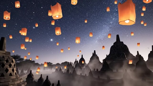 Borobudur silhouette under glowing stars, soft lantern lights floating slowly, mist swirling gently around stupas