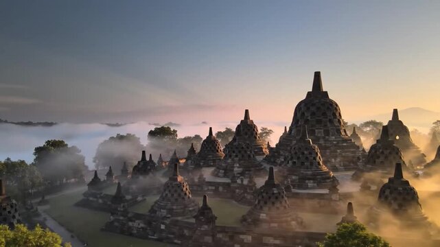 Borobudur Temple viewed from above with low moving mist, subtle light rays breaking through clouds