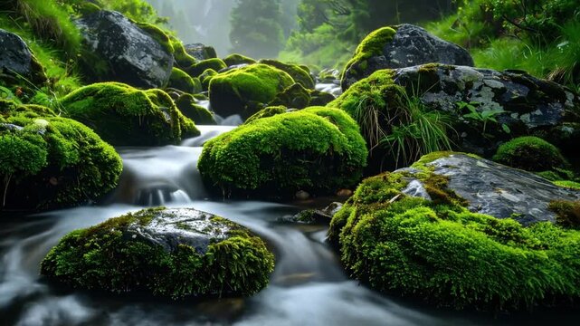 Flowing water stream with green mossy rocks in lush natural environment