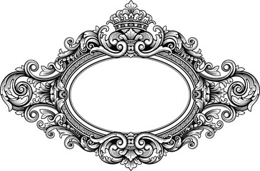 Vintage ornate oval frame with floral baroque decoration, royal crown design, luxury border illustration, decorative engraving for labels and invitations.