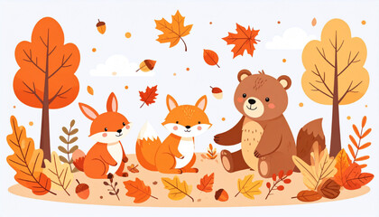 Autumnal Scene Friendly Fox, Bear, and Bunny in a Colorful Fall Forest with Falling Leaves and Nature's Charm