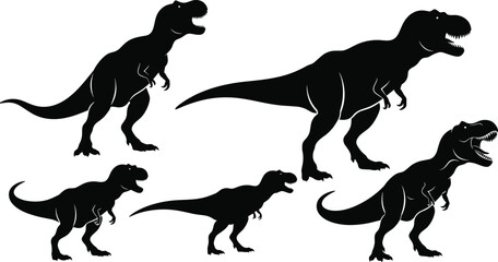 PrintSilhouette of Tyrannosaurus Rex dinosaur vector illustration set, black and white prehistoric animal icons collection for logo design, isolated on white background.