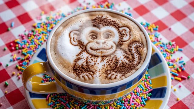 Delightful Monkey Latte Art with Colorful Sprinkles on a Checkered Tablecloth.