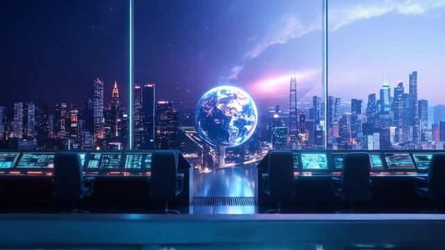 Futuristic control room with globe and cityscape on display