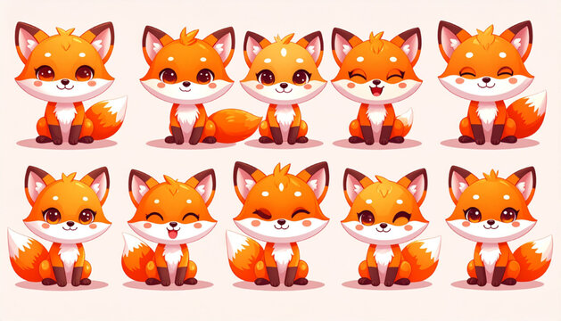 A delightful collection of cute red fox characters displaying a range of happy and playful expressions, perfect for mascot or sticker sets