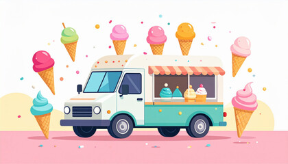 Cute ice cream truck surrounded by colorful ice cream cones and sprinkles A sweet summer treat!