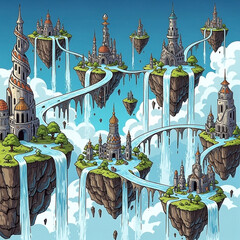 Obraz premium Whimsical fantasy realm featuring enchanting floating islands interconnected by flowing rivers and