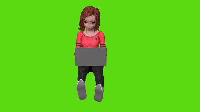 3d woman cartoon character working on her laptop, 3d render