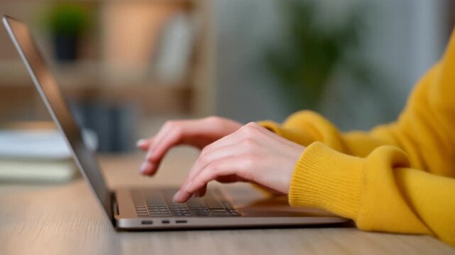 Typing on Laptop Close-up of Hands in a Cozy Setting for Work or Leisure, Illustrating Focus and Productivity