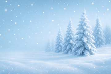Snowy landscape featuring evergreen trees covered in snow during snowfall time