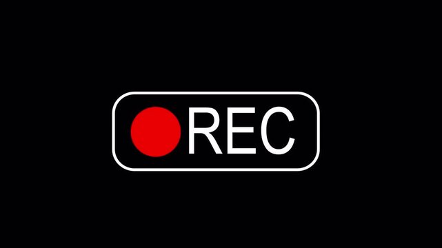 Recording button animation, camera recording sign on a black background, Red symbol, button of recording video, broadcasting, in 4k. 
