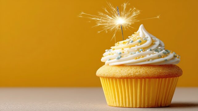 Side-Lit Cupcake with Sparkler on Orange Backdrop 3D Glamour for Store Window & Holiday Promo Poster