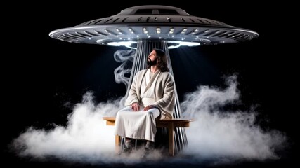 Jesus sitting under glowing UFO with misty fog surrounding, divine spiritual scene with extraterrestrial light, mysterious holy atmosphere