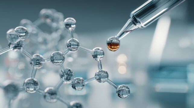 Exploring Molecular Structures: Pipette Dropping Liquid onto Molecule Model - Powered by Adobe