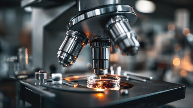Close-up of a sophisticated microscope in a modern laboratory setting