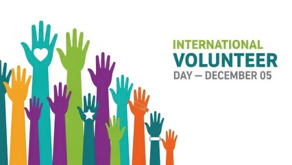 Colorful raised hands symbolizing unity and support for international volunteer day on december 5th, isolated on white background