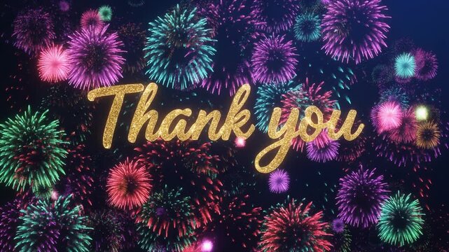 Glittering Thank You Message with Colorful Fireworks Bursting in the Background