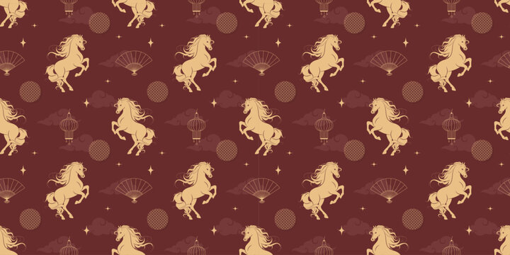 Horse seamless pattern, symbol of the Lunar New Year 2026. Golden horse silhouette with lantern and fan on red background. Vector texture for background, greeting card, card, wrapping paper