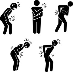Body Pain Icon Set: Stomach Ache, Shoulder, Back, and Joint Discomfort Silhouettes