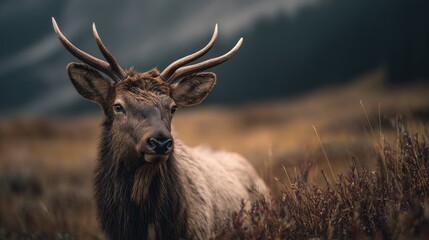 Majestic elk portrait in a field with soft lighting and moody background