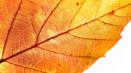 Obraz premium Closeup of an orange autumn leaf with detailed veins isolated on white background