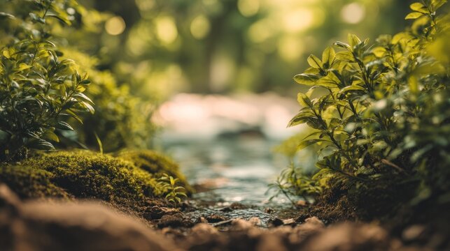 Serene stream landscape, reflecting natural beauty and botanical greenery