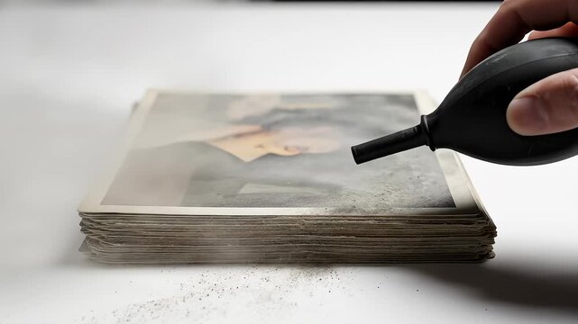 Person Blows Dust Off Stack of Old, Dirty Paper Documents